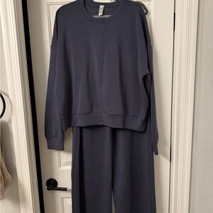 SPANX AirEssentials Wide Leg Long Pants and Crewneck Lounge Top in Storm